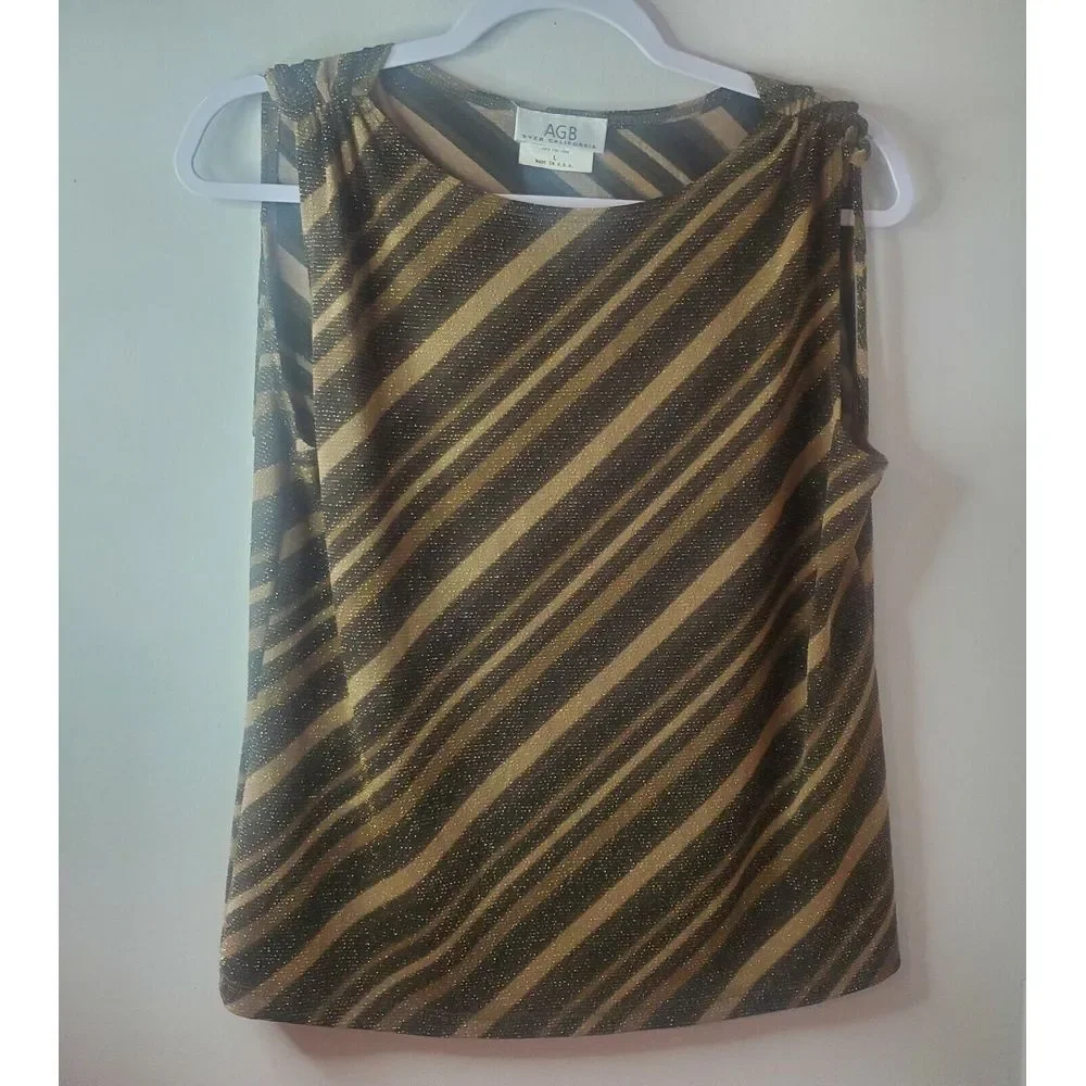 AGB Womens Top Large Gold‎ Black Round Neck Tank Casual Ladies Striped Brown